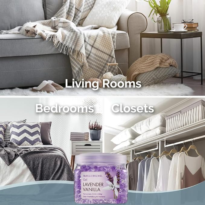 SMELLS BEGONE 12 oz Odor Eliminator Gel - Air Freshener- Absorbs & Eliminates Odor in Bathrooms, Basements, Cars, Boats, RVs & Pet Areas - Made with Essential Oils - Lavender Vanilla Scent (2-Pack)
