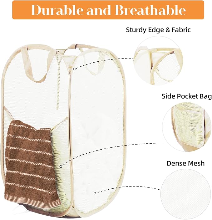Durable Collapsible Laundry Baskets- Reinforced Mesh Pop Up Laundry Hamper with Side Pocket, Foldable Clothes Storage Hamper with Carry Handles for Laundry, Bathroom, Kids Room, Dorm or Travel Beige