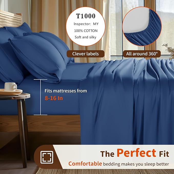 LBRO2M 1000 Thread Count 100% Egyptian Cotton Sheets Set 6 Piece Sets Full Size Bed Sheet Deep Pocket Sheet Set 16" Soft Comfortable All Season (Full, Navy Blue)