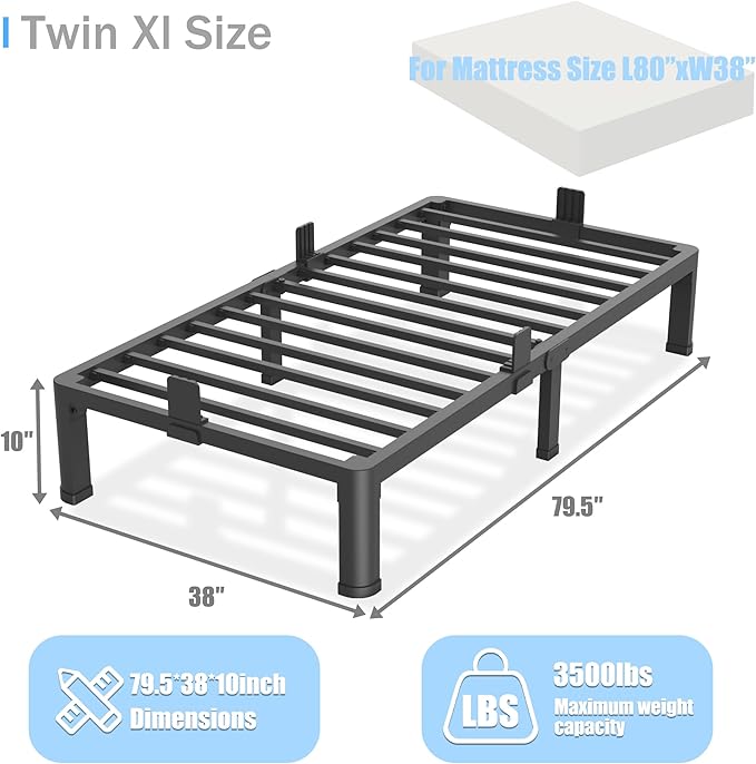 10 inch Twin XL Bed Frame with Round Corner Legs Mattress Slide Stopper,Low Profile Heavy Duty Metal Platform,No Box Spring Needed,Easy Assembly,Noise Free