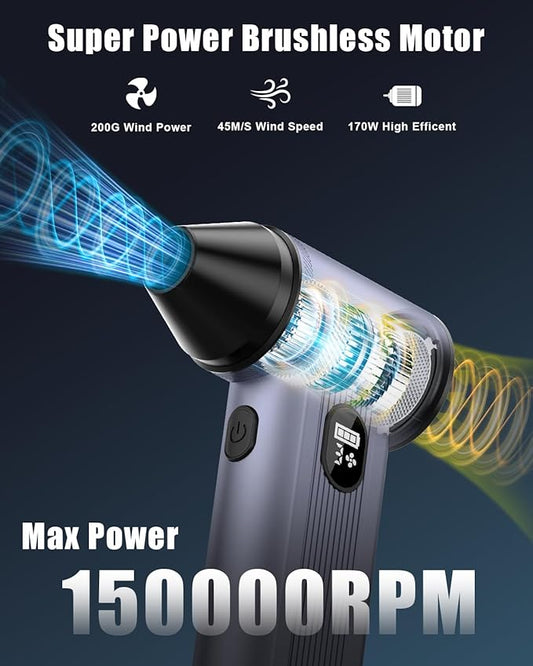 Compressed Air Duster with150,000RPM Brushless Motor, 8000mAh Battery, LED Light, 4-Gear Adjustable Electric Air Blower for Home, Car, Computer, Outdoor