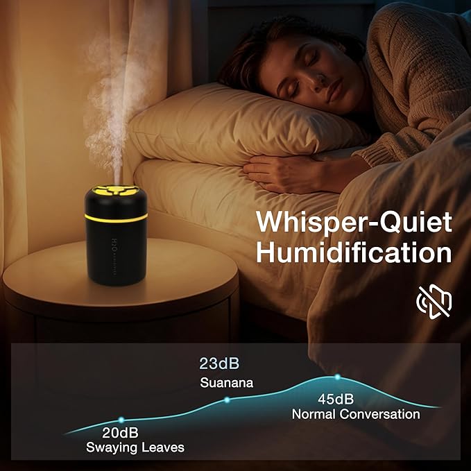 Portable Mini Humidifier, 300ml USB Cool Mist Small Humidifier with Colorful Lights. Perfect for Bedroom, Office, Plants, travel & Car (Black)