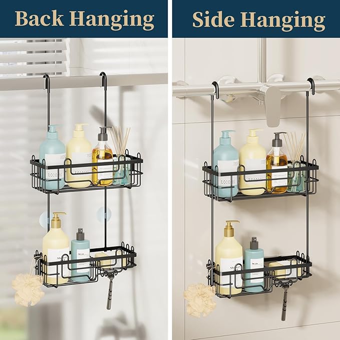Consumest Over the Door Shower Caddy - 2-Tier Hanging Shower Organizer with Soap Holder, Rustproof Bathroom Storage and Organizer Rack for Shampoo, Towels, and Toiletries, Black