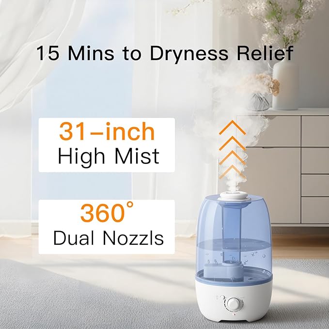 MEGAWISE Humidifier for Kid bedroom with 3.2L Large Capacity, No leakage Design Fine Mist Output Auto Shutoff, Essential Oil Safe Tank (Blue)