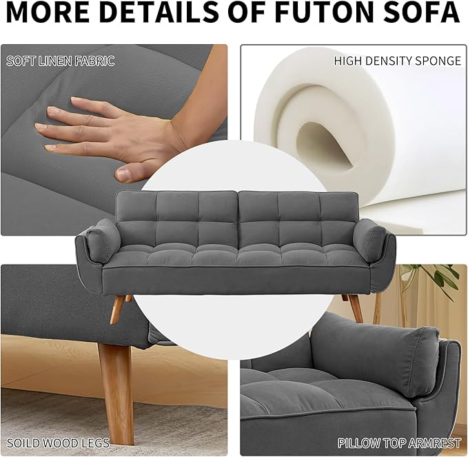 Convertible Futon Sofa Bed, Linen Sleeper Couch, 75" W Modern 3 Seater Tufted Sofa with Solid Wood Legs and Adjustable Backrests for Small Spaces, Living Room, Bedroom, Dark Gray