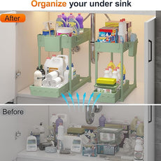 Under Sink Organizer, Bathroom Organizers and Storage, 2 Tier Multi-Use Pull Out Cabinet Organizer with Hang Hooks and Cups (Green, 4 Pack)