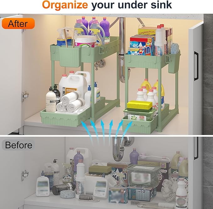 Under Sink Organizer, Bathroom Organizers and Storage, 2 Tier Multi-Use Pull Out Cabinet Organizer with Hang Hooks and Cups (Green, 4 Pack)