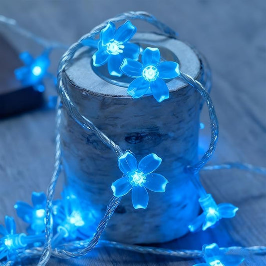 Cute Blue Cherry Blossom Flower Fairy String Lights Indoor Bedroom Decor, 10ft 30 LED Battery & USB Operated Lighted Up Floral lamp for Birthday Wedding Home Valentine Party Decorations (Blue)