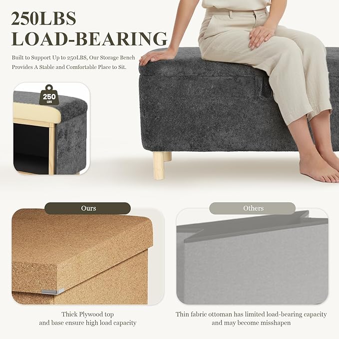 Ottoman with Storage, Storage Ottoman Bench, Entryway Bench, End of Bed Bench with Wood Legs for Bedroom, Living Room, 2PCS,Dark Grey