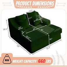 55 Inch Chaise Lounge Indoor - Oversized Chaise Lounge with 4 Throw Pillows and Armrets, Upholstered Plush Sofa Bed, Corduroy Lazy Chair Bed, Sleeper Chair for Living Room or Bedroom, Green