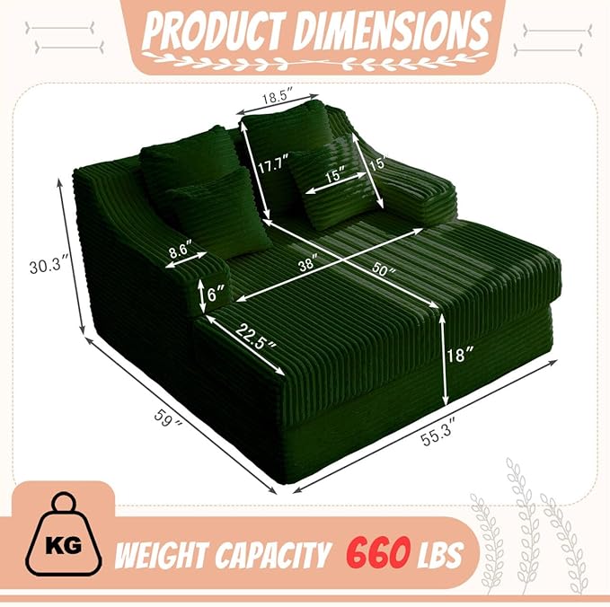 55 Inch Chaise Lounge Indoor - Oversized Chaise Lounge with 4 Throw Pillows and Armrets, Upholstered Plush Sofa Bed, Corduroy Lazy Chair Bed, Sleeper Chair for Living Room or Bedroom, Green