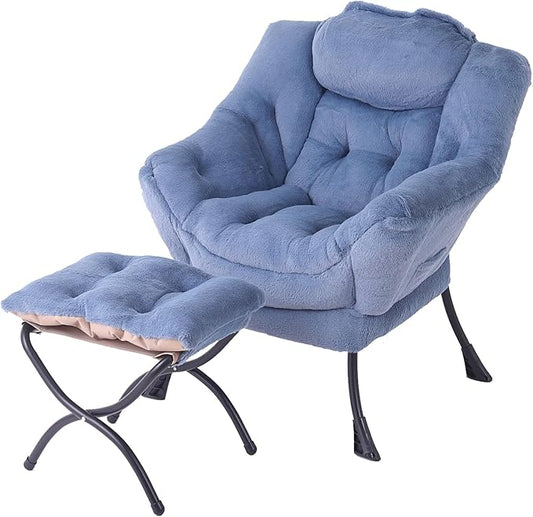 Tiita Lazy Chair with Ottoman, Modern Large Accent Lounge Armchair, Comfy Leisure Sofa Reading Chair with Footrest for Bedroom, Living Room, Dorm Rooms, Garden and Courtyard, Plush Light Blue