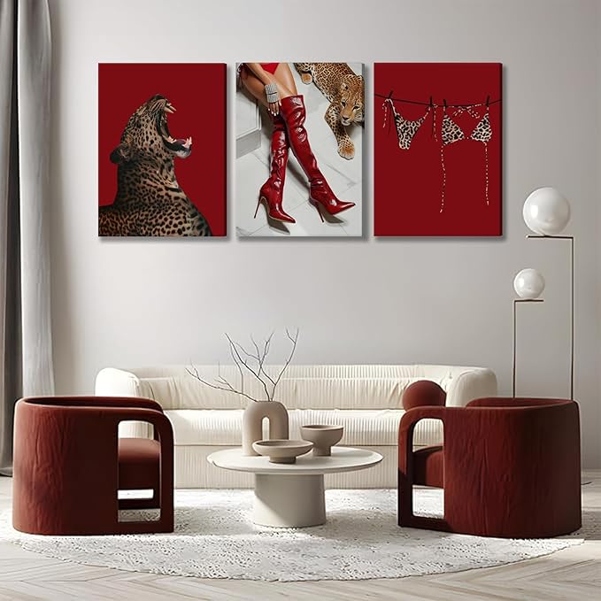XLYFVLGF 3Pcs Red Fashion Leopard Canvas Wall Art Cheetah Wall Decor Pictures Stylish long boots print Bikini Painting Artwork for Living Room Bedroom Bathroom Corridor Home Decoration 12x16in