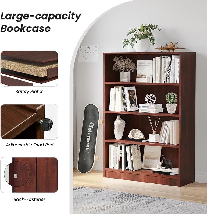 Farini 4 Shelf boockase Display Bookcase Freestanding Wooden Bookshelves for Home Office Living Room,48 Inch Height，Cherry