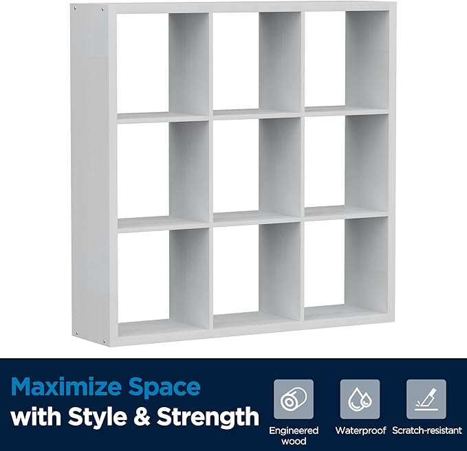 9-Cube Storage Organizer, Wooden Cube Shelf Bookcase with Reinforced Thick Shelves, Heavy-Duty 36.93" L x 9.37" W x 36.93" H, for Living Room Bedroom Home Office, White