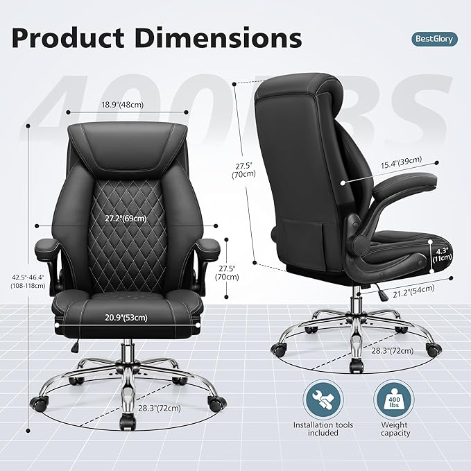 Office Chair, Ergonomic High Back Home Office Desk Chair, Big and Tall Breathable Leather Office Chair with Lumbar Support Flip-Up Armrests, Computer Chair with Rocking Function