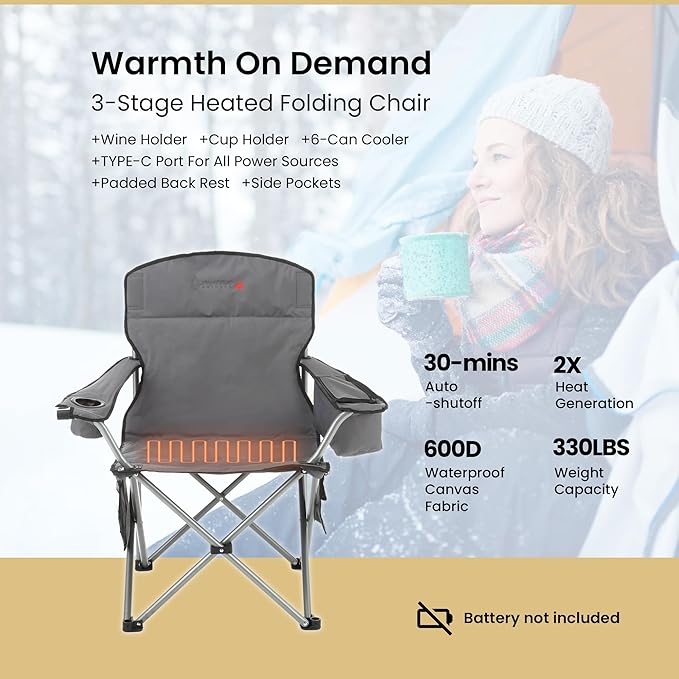 ARROWHEAD OUTDOOR 2-Pack Heated Folding Camping Chair with Cooler, 3 Heat Settings, Cup & Wine Glass Holder, Carrying Bag, Battery NOT Included, Supports up to 330lbs