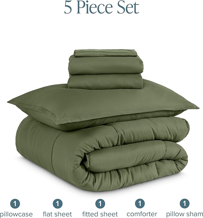 Bare Home Bed-in-A-Bag 5 Piece Comforter & Sheet Set - Twin XL - Goose Down Alternative - Ultra-Soft 1800 Premium Bedding Set (Twin XL, Cypress/Cypress)