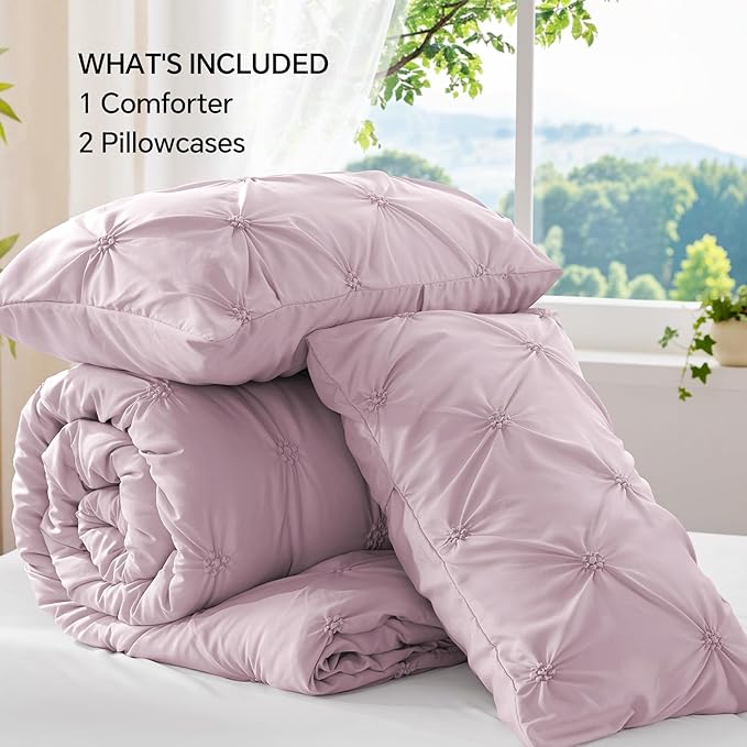 BEDELITE Light Purple Twin Comforter Set - 2 Peices Boho Pintuck Bedding Comforter Sets, Lightweight Soft & Warm Twin Bedding Sets with 1 Pillowcase for All Season