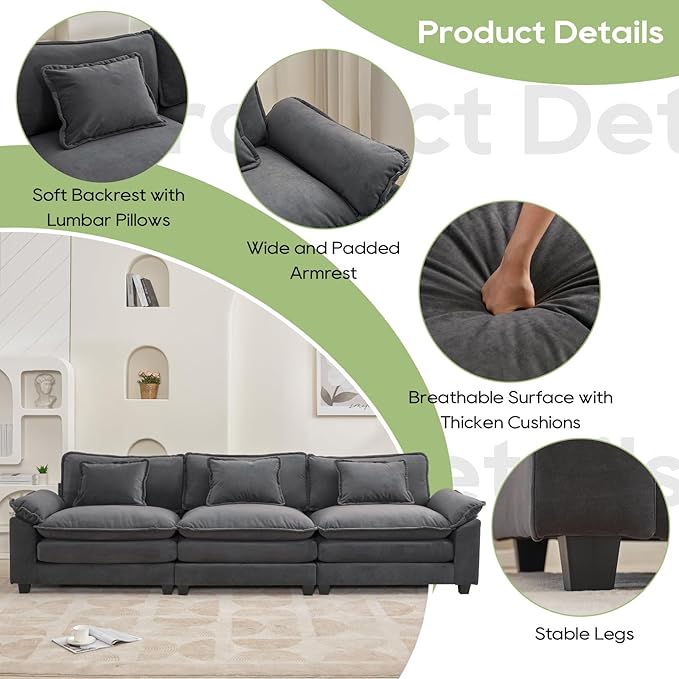 120" Modular Sectional Sofa, Comfy Cloud Couch Sectional Sofa, Velvet Sofa Sleeper Deep Seat Sofa with Throw Pillows for Living Room (Blue Gray, 120"- 3 Seater)