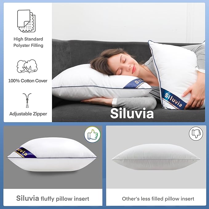 Siluvia 20"x20" Pillow Inserts Set of 2 Decorative Square Square Throw 20 Pillows with 100% Cotton Cover for Sofa, Couch, and Bed - White