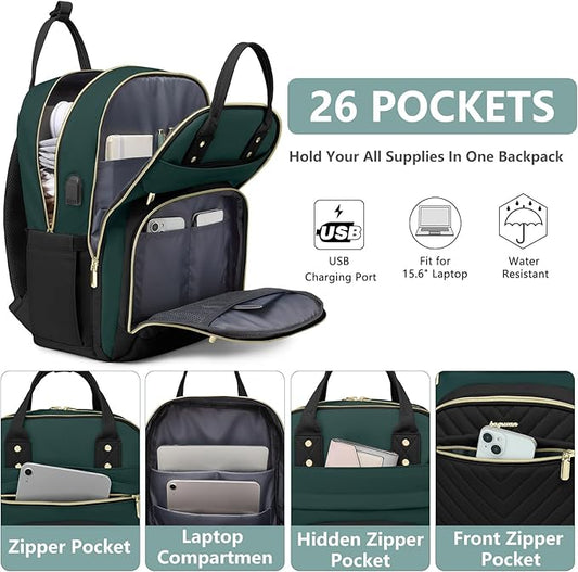 Laptop Backpack for Women Work Bag - 15.6 inch Travel Backpack with USB Charger College Bookbag Waterproof Business Computer Backpack Anti-theft Casual Backpacks for Nurse Teacher Black Green