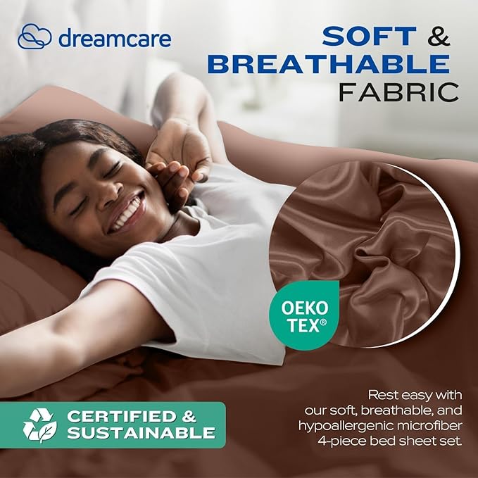 DREAMCARE Full Size Sheets Set - 4 Pcs Cooling Bed Sheets with Up to 15" Deep Pockets - Soft, Long-Lasting 100% Brushed Polyester with Side Pocket (Mocha Brown) DREAMCARE
