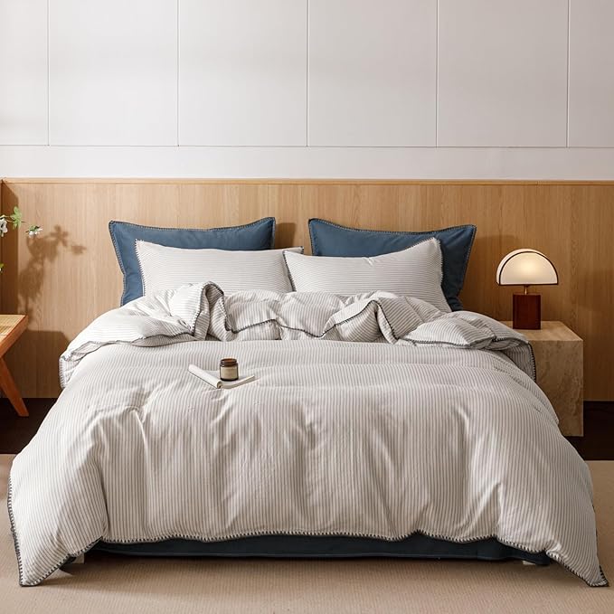 VM VOUGEMARKET Grey Blue Striped Duvet Cover King Yarn Dyed Muslin Cotton Duvet Cover with Embroidered Edge Super Soft Cozy Bedding Set for Men Women,King Size
