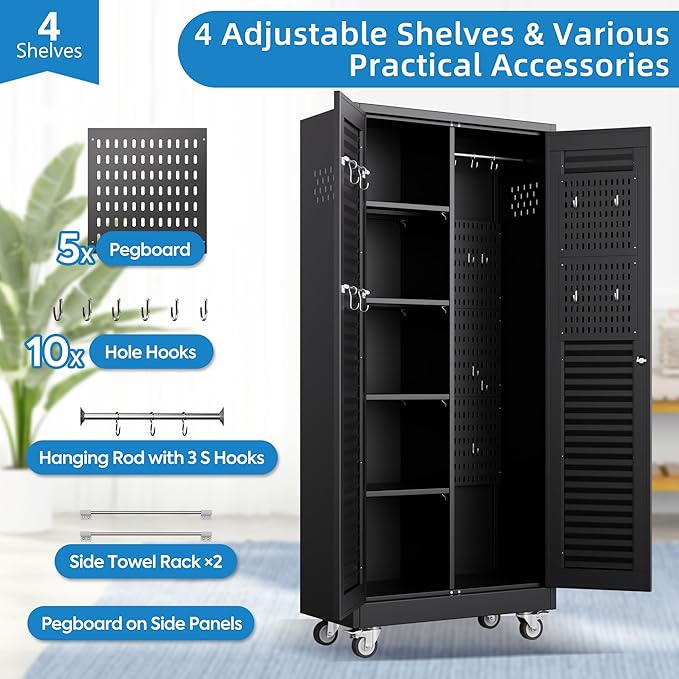 SUXXAN Broom Closet with Wheels 71"x 31.5"x15.75", Metal Cleaning Cabinets with Louvered Doors Hooks and Hanging Rods, Lockable Cabinet with Pegboard, Adjustable Shelf,for Garage, Laundry Room