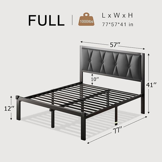 Full Size Metal Bed Frame, Platform Bed with Faux Leather Button Tufted Headboard, 12" Underbed Storage, Steel Slats Support, No Box Spring Needed, Easy Assembly, Noise-Free, Black