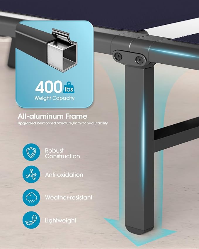 Ciokea Upgraded Aluminum Outdoor Lounge Chair - No Assembly Needed, Foldable Patio Chaise Lounge with 5 Adjustable Positions, Reinforced Frame for Extra Durability, Pool Beach Lounge Chair, Navy Blue