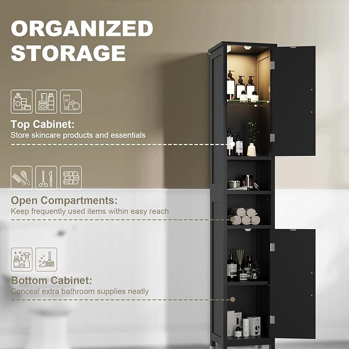 67" Tall Bathroom Storage Cabinet with Lights, Slim Narrow Bathroom Cabinet Organizer with Doors and Adjustable Shelves, Tall Cabinet for Small Space (66.9" Tall-Black with Light, 1 Pack)