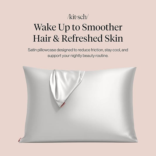 Kitsch Satin Pillowcase with Zipper for Hair & Skin, Softer Than Silk Pillow Cases Queen, Wrinkle-Free, Smooth and Cooling Satin Pillow Covers, Standard Size 19"x26", Silver