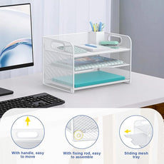 Samstar 3 Tier White Letter Tray Paper Organizer with Handle, Mesh Desk Organizer Paper Sorter File Rack Shelves, White