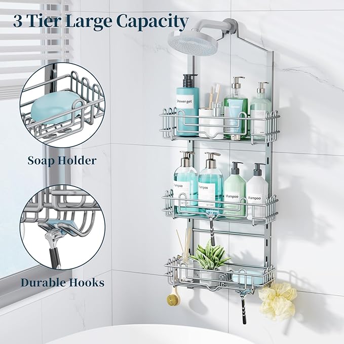 Consumest Shower Caddy Hanging – Rustproof Over Shower Head Hanger with Soap Holder and Hooks, Anti-Slip Shower Shelves for Storage, Bathroom Organizer for Apartment, Dorm, Silver