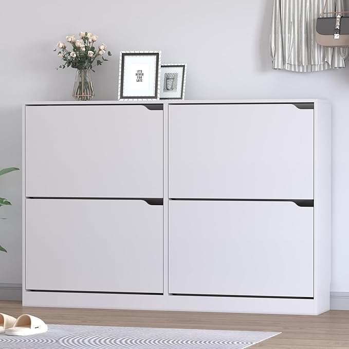 Shoe Cabinet with 4 Flip Drawers, Narrow Hidden Shoe Storage Cabinet, Slim Freestanding Shoe Rack Organizer for Entryway, Hallway, Bedroom, Living Room