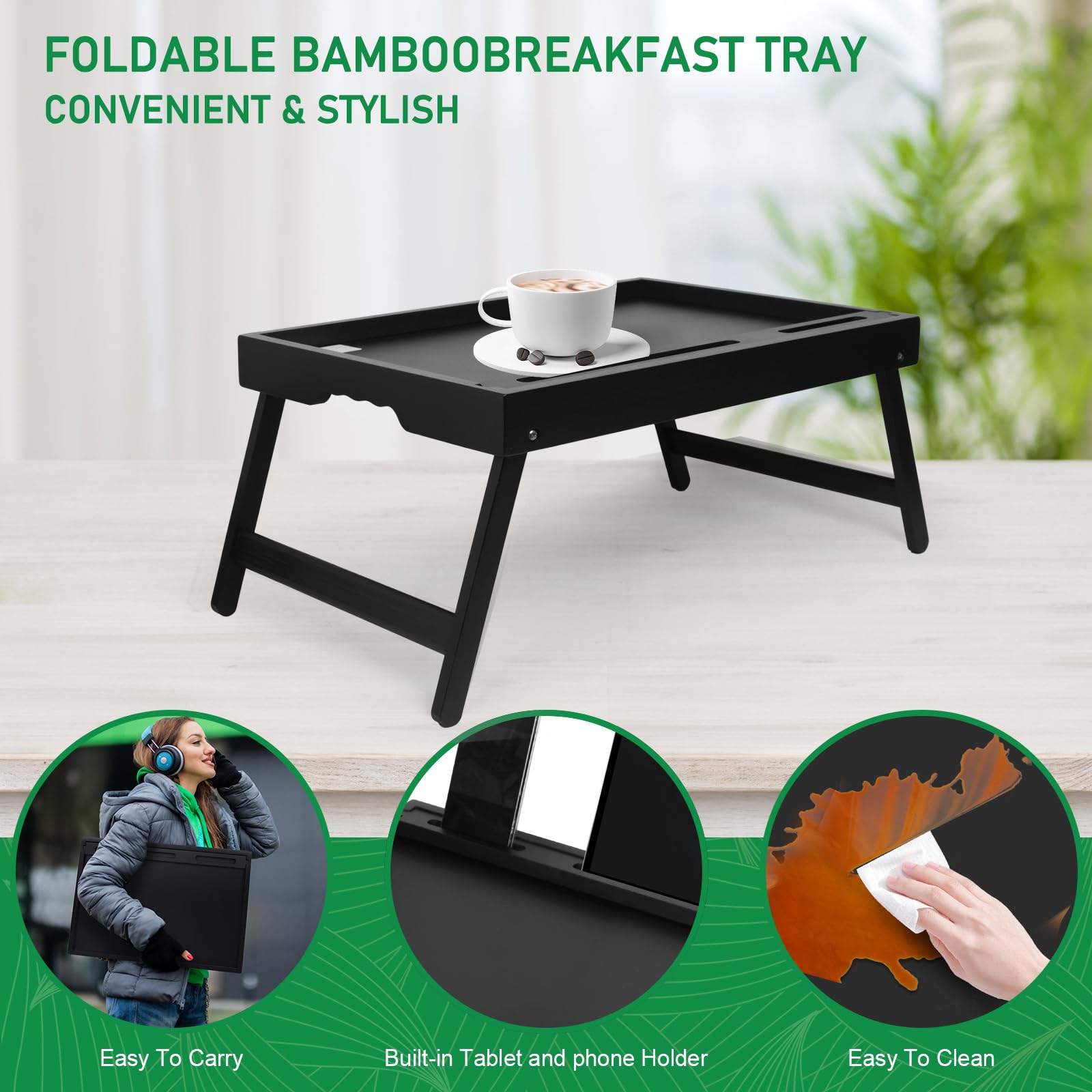 Bed Tray Table with Handles Folding Legs Bamboo Breakfast Food Tray with Media Slot for Platters,Laptop Desk,Snack,TV Tray Kitchen Serving Tray Dormly