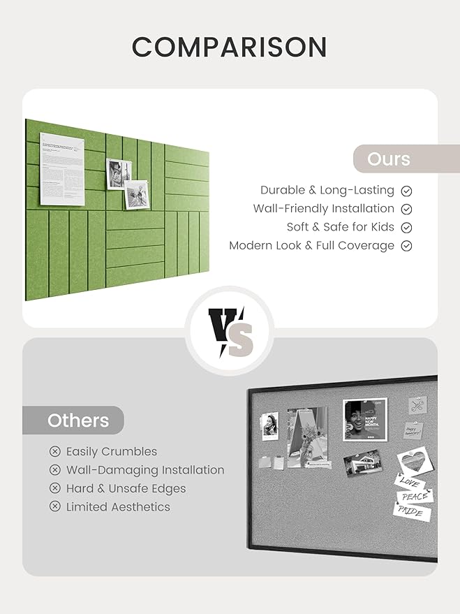 Bumusty Large Cork Board Alternative-36 x24 Felt Bulletin Board Tiles, with 30 Pushpins, 40 Adhesive Tabs, 6-Pack Slat Wall Paneling, Cork Boards for Office Push Pin Board Felt Board-Kelly Green