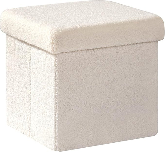 PINPLUS Storage Ottoman Cube Square Shaped Ottomans with Storage Foot Stool Footrest for Lving Room Boucle Ottoman Seat for Dorm Room,Faux Teddy Fur, White,11.8"x11.8"x11.8"