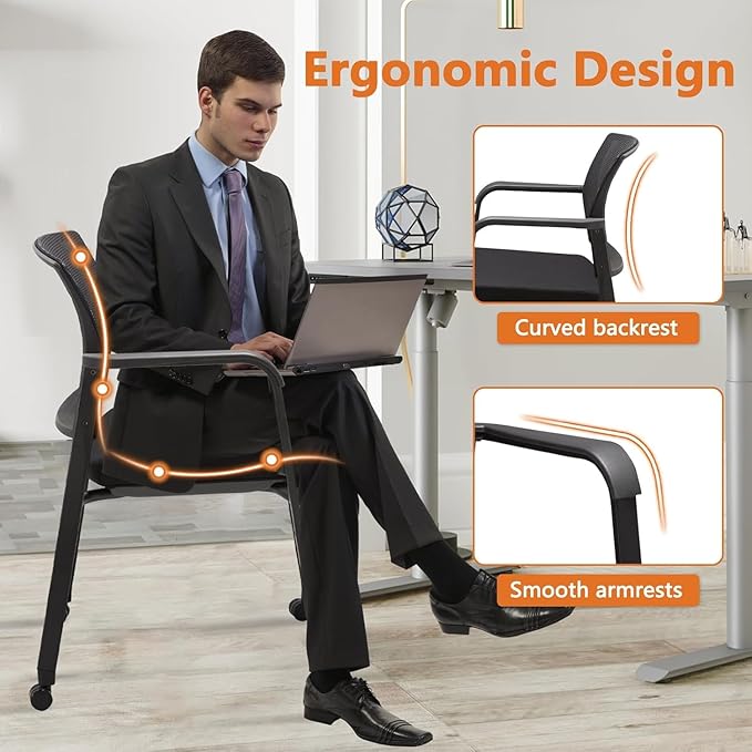 CLATINA Mesh Back Guest Reception Arm Chairs with Wheels, Waiting Room Chairs with Upholstered Fabric Seat and Ergonomic Lumbar Support for Office, 8PK