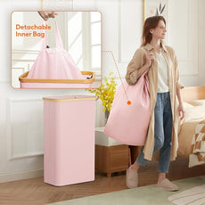 Lifewit 75L Slim Laundry Hamper with Lid, Narrow Laundry Basket with Removable Bag & Bamboo Handles, Fodable Thin Dirty Clothes Hamper for Laundry Collapsible Bin for Bathroom Bedroom Dorm, Pink