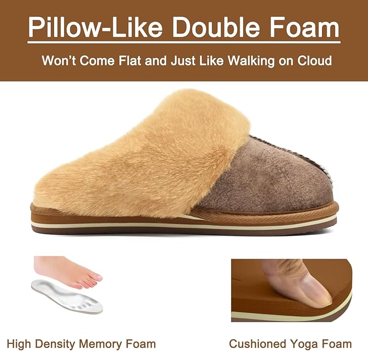 KuaiLu Womens Fluff Dual Memory Foam Slippers Ladies Cozy Arch Support Warm Scuff Slippers Slip on Comfy Winter House Shoes with Non-Slip Indoor Outdoor Hard Sole