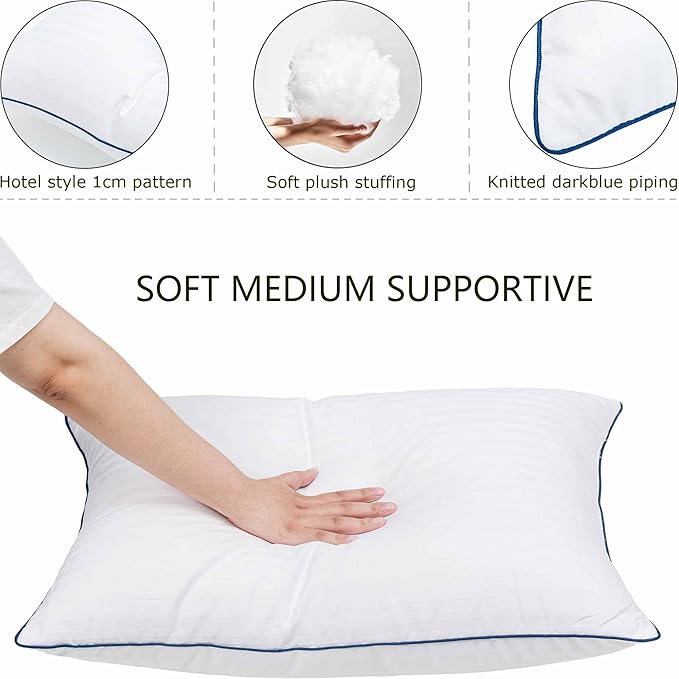 Thin Flat Bed Pillows Standard Size Set of 2 Pack for Sleeping, Squishy Fluffy Pillow for Stomach Back Sleeper, Hypoallergenic Machine Washable White Striped 20x26 inches