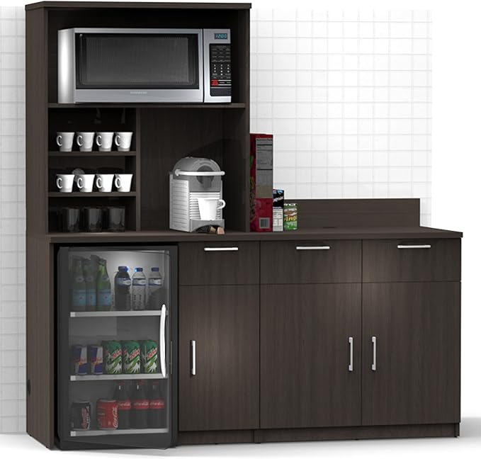 BREAKtime Commercial Grade Coffee Kitchen Break Room Furniture, Each Modular Cabinet is Assembled, Model 2130 3 Piece Color Espresso fits 72 inch Wall Space