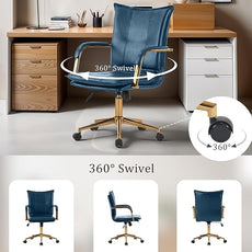 MOJAY Mid-Back Ergonomic Leather Office Chair, Modern Upholstered Executive Desk Chair with Gold Frame Armrest Computer Task Chair (DarkBlue)