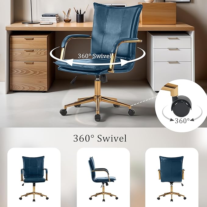 MOJAY Mid-Back Ergonomic Leather Office Chair, Modern Upholstered Executive Desk Chair with Gold Frame Armrest Computer Task Chair (DarkBlue)