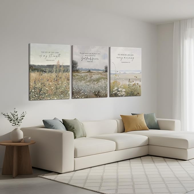 3Pcs Framed Bible Verse Wall Art Christian Floral Landscape Scripture Prints Decor Inspirational Religious Canvas Artwork Farmhouse Botanical Faith Quotes for Living Room Bedroom Church 12"x16"