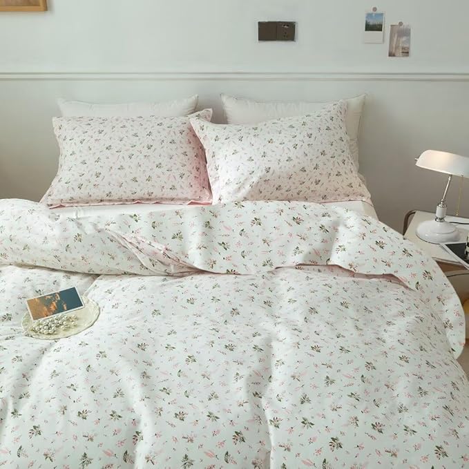 MKXI Pink Floral Girls Comforter Set Cute Bed Quilt Set Fluffy Bedding Set White Patterned Comforter 68"x90" Simple Twin Size Comforter Set