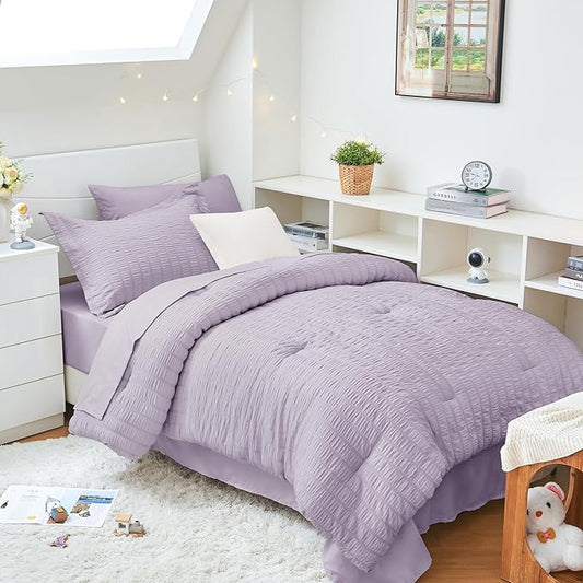 HYMOKEGE Lavender Twin XL Comforter Set Seersucker 5 Pieces, All Season Luxury Bed in a Bag for Bedroom, Bedding Set with Comforter, Sheets, Pillowcase & Sham
