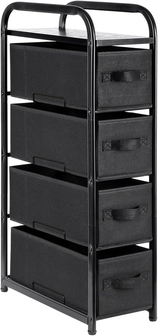 MAX Houser 4 Drawer Narrow Dresser Fabric Storage Tower Vertical Slim Storage Chest Organizer Nightstand Side/End Table Small Standing Organizer Removable Drawers Wood Top for Bedroom, Bathroom（Black)